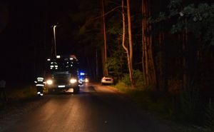 noc, droga. straż pożarna i policja na miejscu zdarzenia gdzie samochód osobowy uderzył w drzewo.