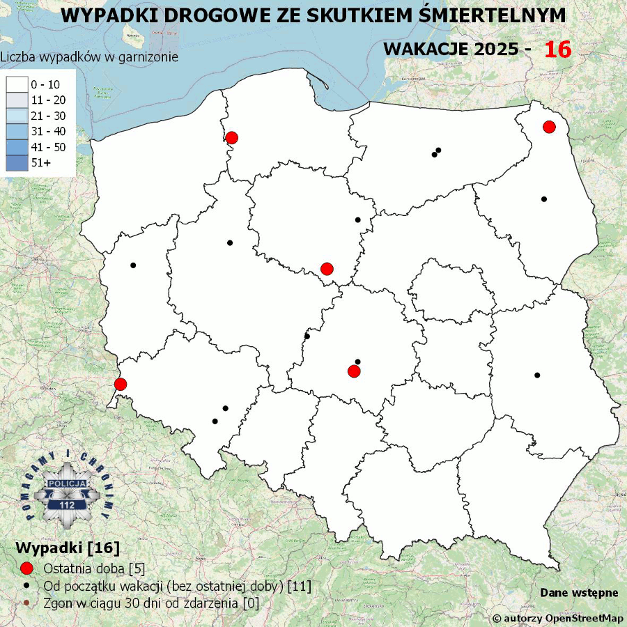 Mapa prezentująca liczbę wypadków poprzedniej doby w Polsce. Prezentowane dane są dostępne w tekście poniżej.