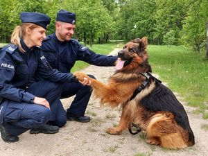 policjanci w służbie. Policjantka i policjant umundurowani z psem służbowym