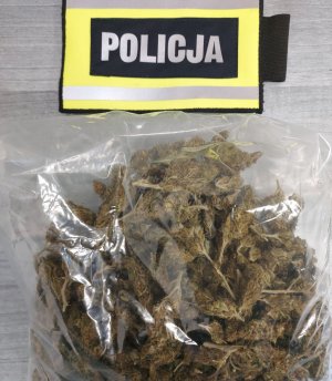 zabezpieczone przez policję susz marihuany. narkotyki spakowane w woreczek foliowy . nad nim napis policja