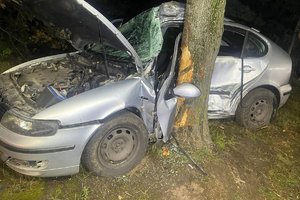 noc, tern leśny, samochód osobowy po wypadku, uderzył w drzewo