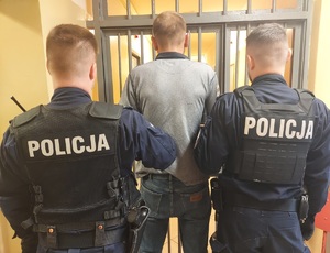 dwóch umundurowanych policjantów prowadzi zatrzymanego mężczyznę. osoby są widoczne od tyłu , zdjęcie zrobione w pomieszczeniu służbowym, w tle kraty