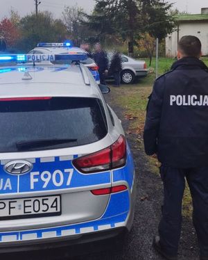 umundurowany policjant, obok radiowóz w tle droga, drzewa, dom  i osoby