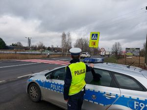 policjant ruchu drogowego, stoi przy radiowozie, dba o bezpieczeństwo w ruchu drogowym.