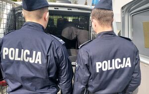 dwóch policjantów stoi przed radiowozem, w jego wnętrzu zatrzymany mężczyzna.