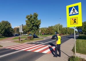 policjant dba o bezpieczeństwo w rejonie przejścia dla pieszych.