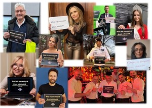 zdjęcie promujące akcję noś odblaski, kilka osób w różnym wieku trzyma kartkę z napisem nos odblaski.