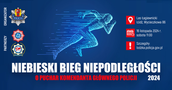 plakat wydarzenia Niebieski Bieg Niepodległości. Na niebieski tle postać biegacza.