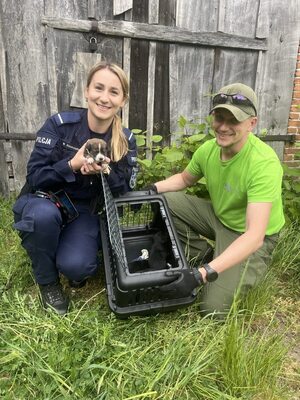 Policjantka i pracownik schroniska przy odnalezionych psach.