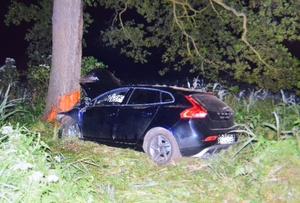 widok pojazdu, który przodem uderzył w drzewo. stoi on przy rowie, dalej las, warunki w porze nocnej.