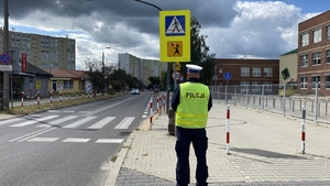 Na zdjęciu policjant Ruchu Drogowego przy przejściu dla pieszych.