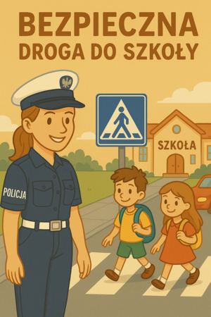 plakat, dziewczynka w stroju policjanta, nad nią napis treści bezpieczna droga do szkoły, dalej widok dzieci przechodzących przez przejście dla pieszych.