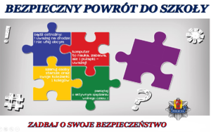 plakat z napisem bezpieczny powrót do szkół.