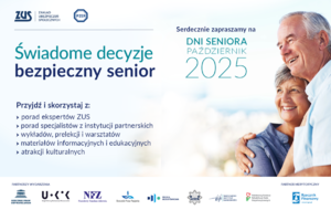 plakat wydarzenia, na nim dwoje seniorów, obok napis treści świadome decyzje - bezpieczny senior.