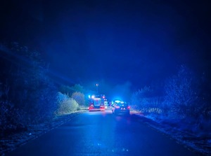 Radiowóz i straż pożarna stoi na drodze na niebieskich światłach błyskowych porą nocną.